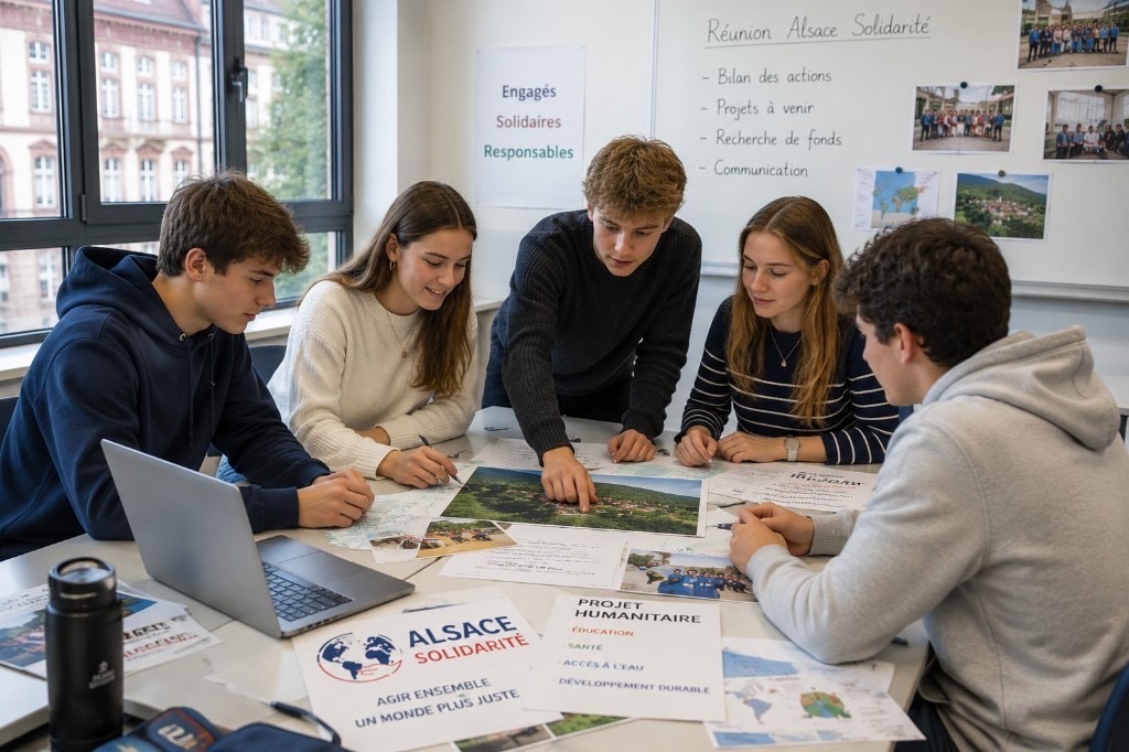 Lycéens et collégiens autour d'un poster « Projet humanitaire » : éducation, santé, accès à l'eau et solidarité, bannière Alsace Solidarité en arrière-plan
