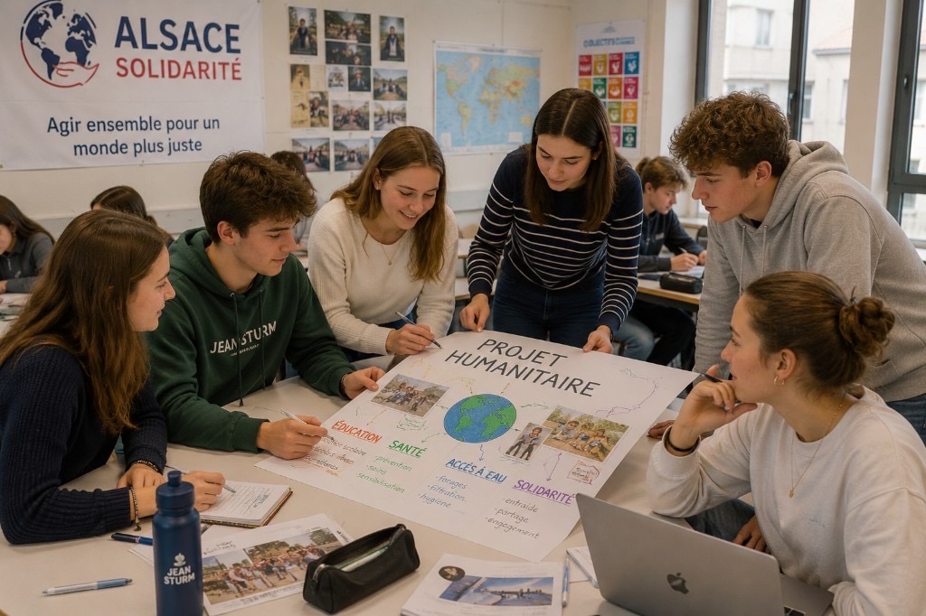 Réunion du collectif autour d'une table : documents Projet humanitaire, logo Alsace Solidarité, tableau blanc et ordinateur